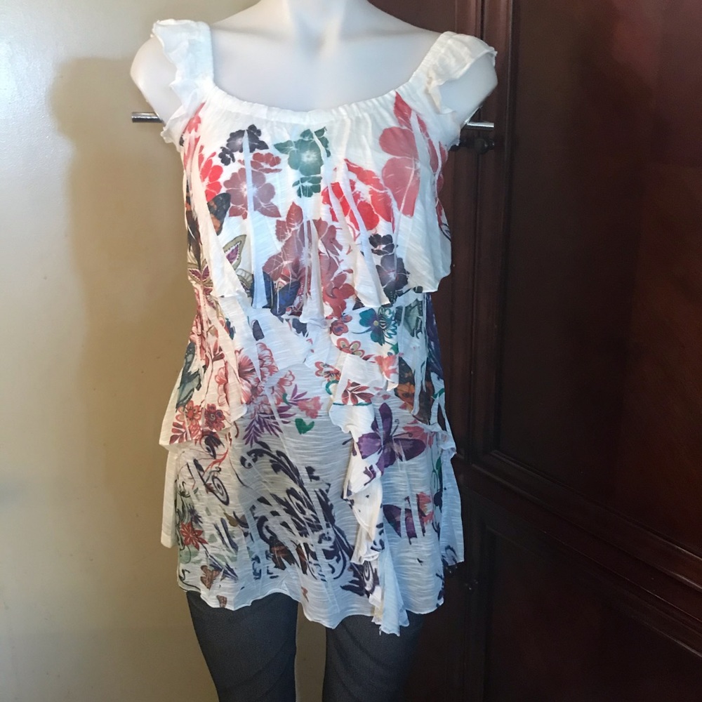 🆕 Catwalk Studio White Floral Ruffle Tank Top-Sm
